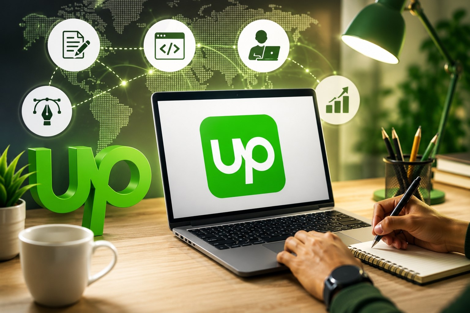 Upwork online freelancing workspace with laptop and desk