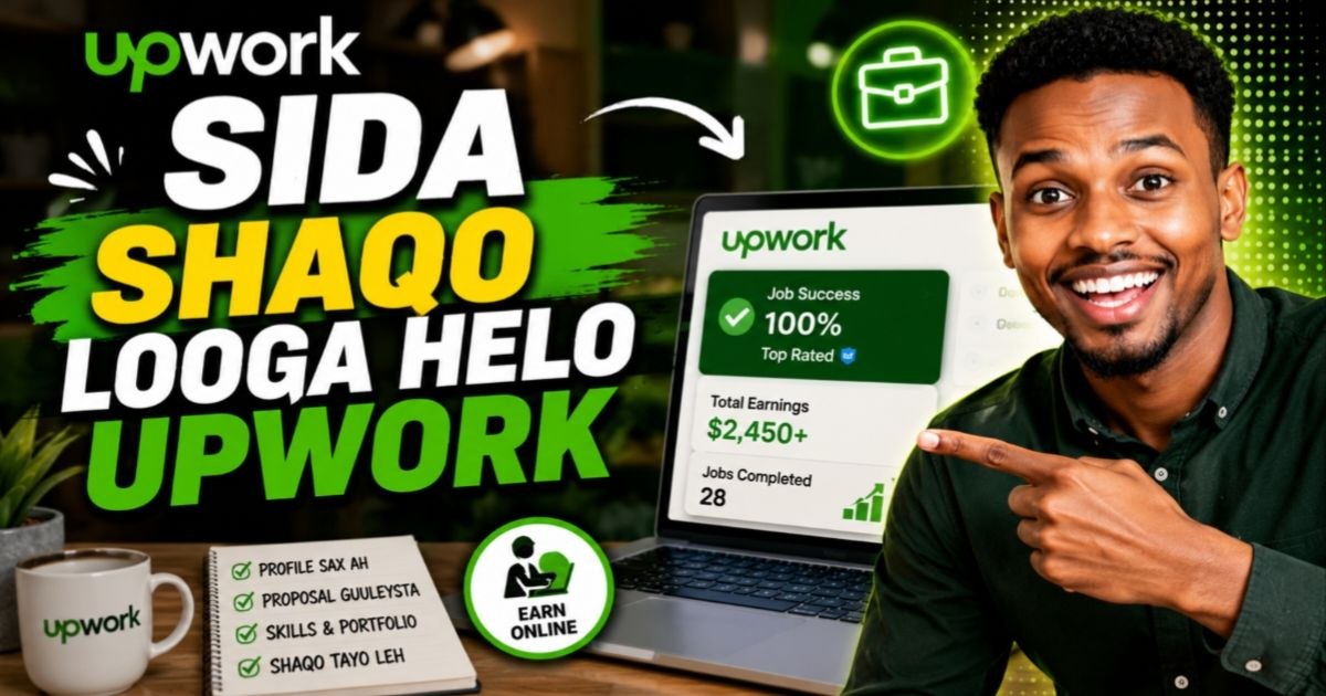 Upwork online freelancing workspace with laptop and desk